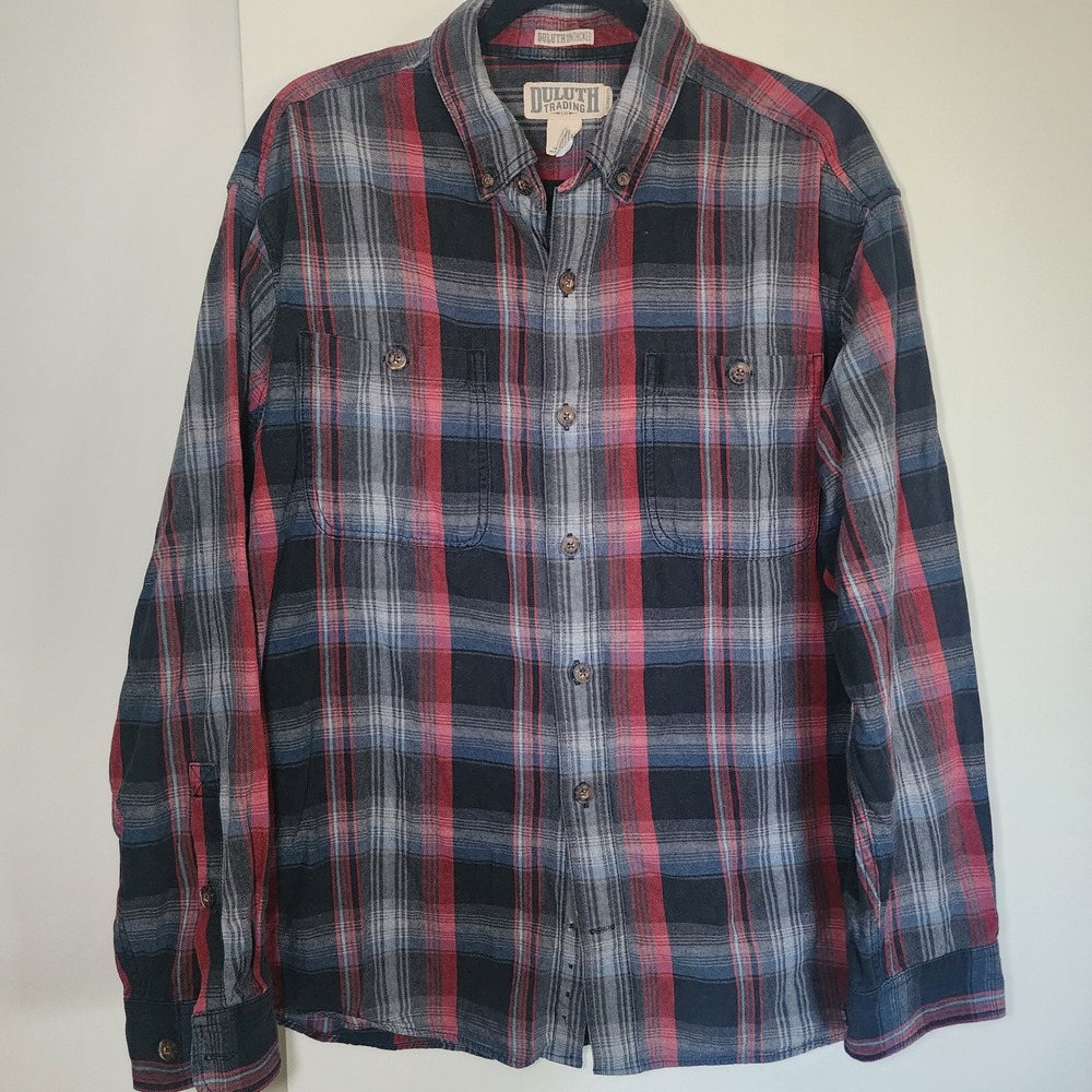 Duluth Trading Co Flannel Shirt Mens L Red Blue Plaid Good Relaxed Fit Untucked